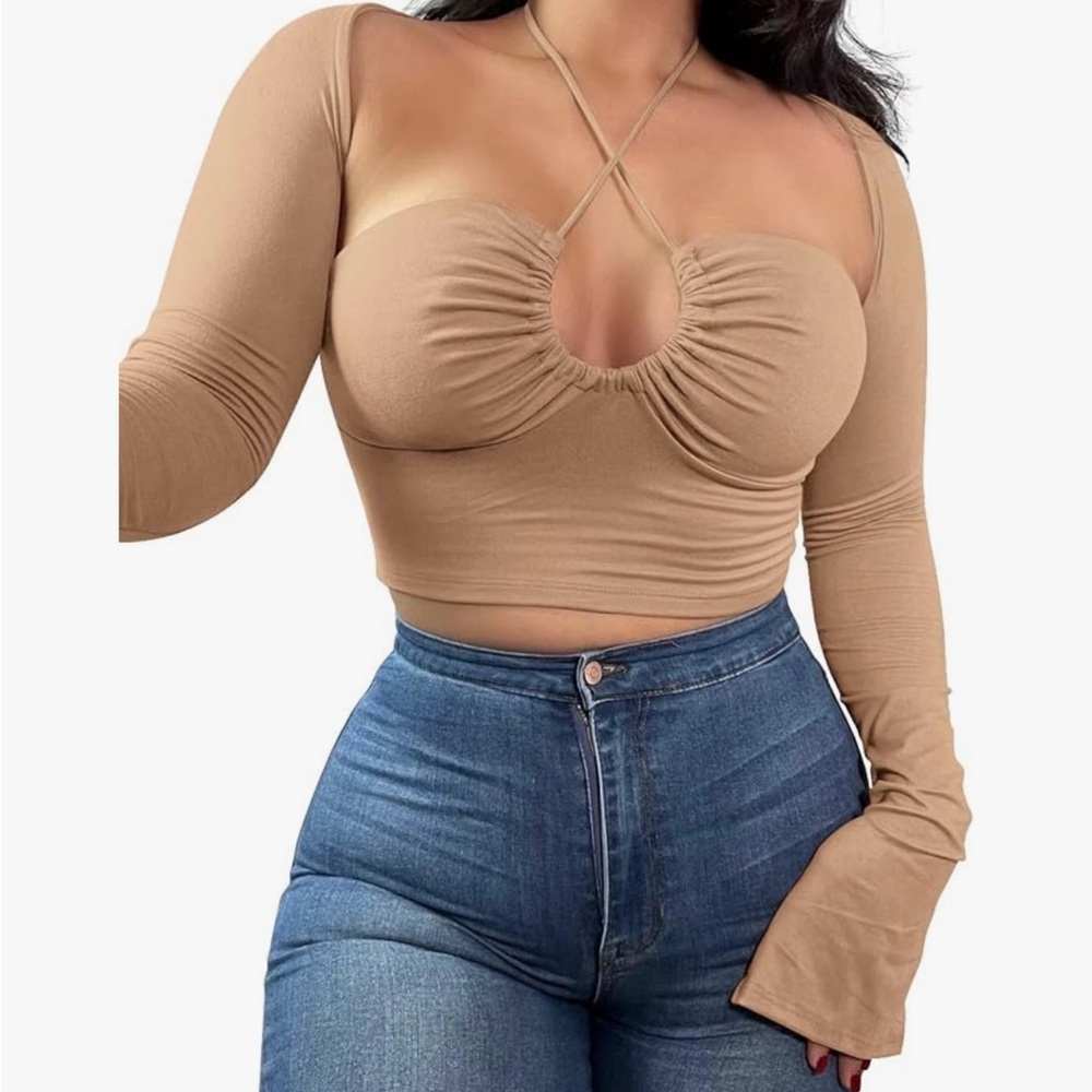 Elegant Tan Long Sleeve Women's Halter Criss Cross Tie Up Cut Up Crop Top